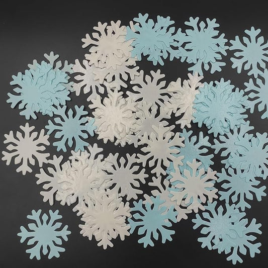 50pcs Edible Snowflakes for Cake Decorating Cupcake Toppers for Christmas Winter frozen Theme Birthday Party Decorations (White & Blue)