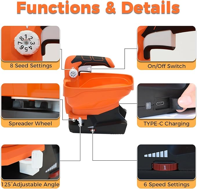 Seed Spreader, USB Rechargeable Handheld Grass Seed Spreader, Fertilizer Spreader with 8 Seed Settings & 6 Speed Levels, Lawn Spreader for Seed, Feed, Weed, and Salt (Battery Included)
