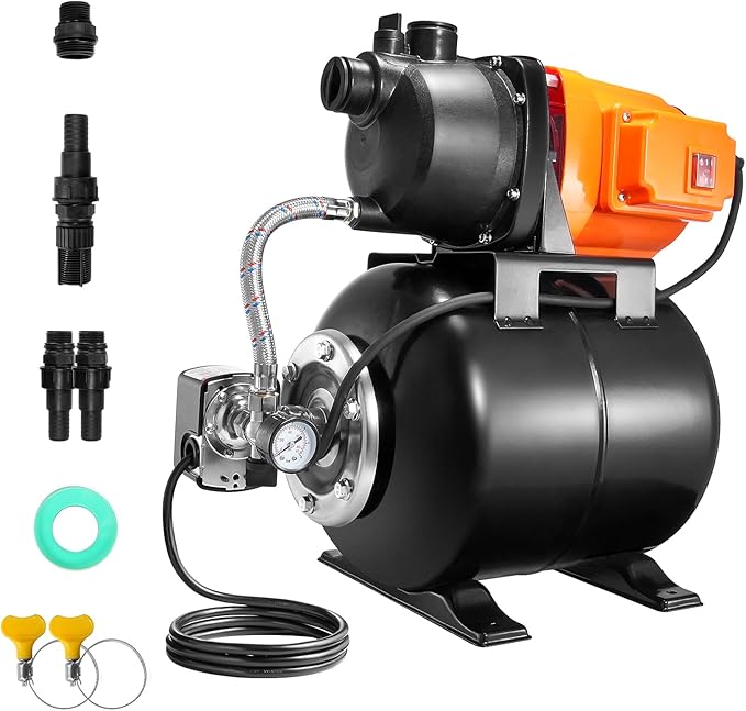 VEVOR 1 HP Shallow Well Pump with Pressure Tank, 1000 GPH/3700 L/H, Automatic Irrigation Water Booster Pump with 164 ft Lift 20/40 PSI Pressure Switch, Thermoplastic Pump Head for Home Garden Lawn
