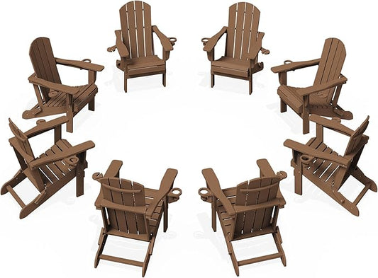 KINGYES Folding Adirondack Chair Set of 8, Dual Cup Holders & All-Weather HDPE, Wood-Like Patio Chair for Backyard, Camping, Pool & Fire Pit, Brown