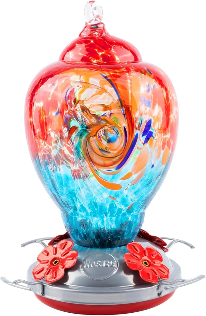 WOSIBO Hummingbird Feeder for Outdoors Patio Large 32 Ounces Colorful Hand Blown Glass Hummingbird Feeder with Ant Moat Hanging Hook, Rope, Brush and Service Card (Red-Blue)