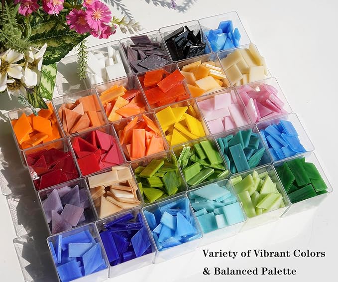 Lanyani 2.3 lbs Bulk Medium Size Stained Glass Tiles for Mosaic Crafts, 700 Pieces Value Pack Glass Mosaic Pieces, Bright Color Mosaic Tile Assortment