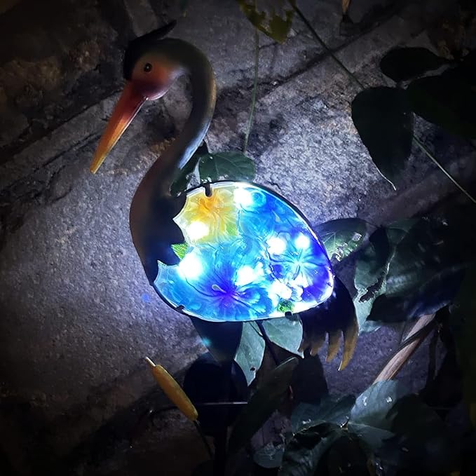 Heron Solar Garden Lights, Hand-Painted Glass Solar Garden Decor, Lawn Ornaments Solar Stake Lights Yard Art Solar Landscape Lights for Patio Lawn Yard Porch Decor