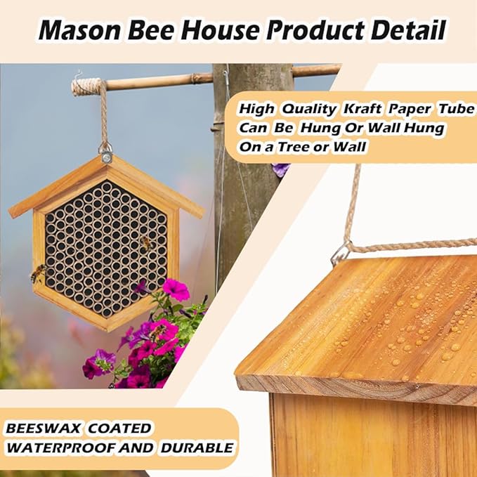 Mason Bee House Wax Coated Bee Hotel, Pollinator House Waterproof, Natural Handmade Wooden Mason Bee Hotel for Pollinating Bees Garden Supplies