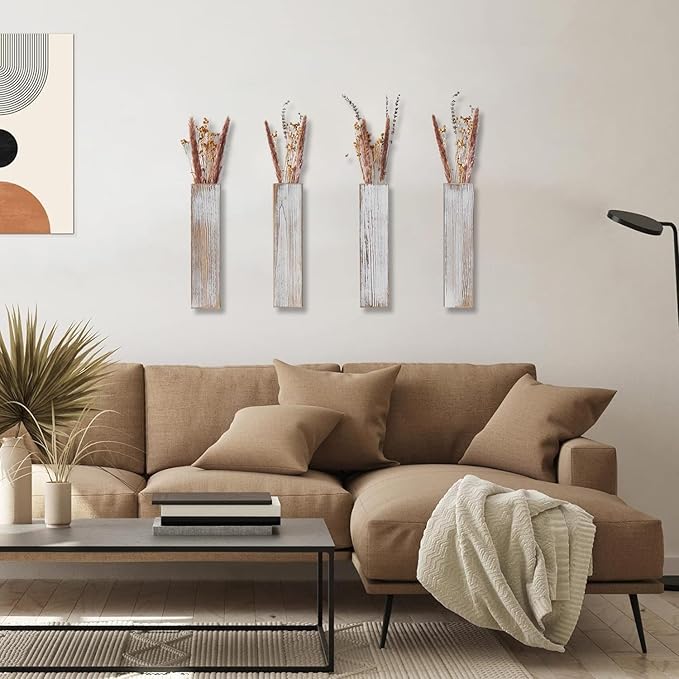 Wooden Wall Planter Set of 4 - Modern Home Decor for Living Room, Bedroom, Bathroom - Vintage Finish Planter for Dried Flowers, Faux Greenery, Indoor Plants