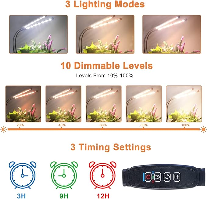 Grow Lights for Indoor Plants, Full Spectrum LED Plant Lamps with Clips and 3m Cables for Seeding Growing(2 Pack)