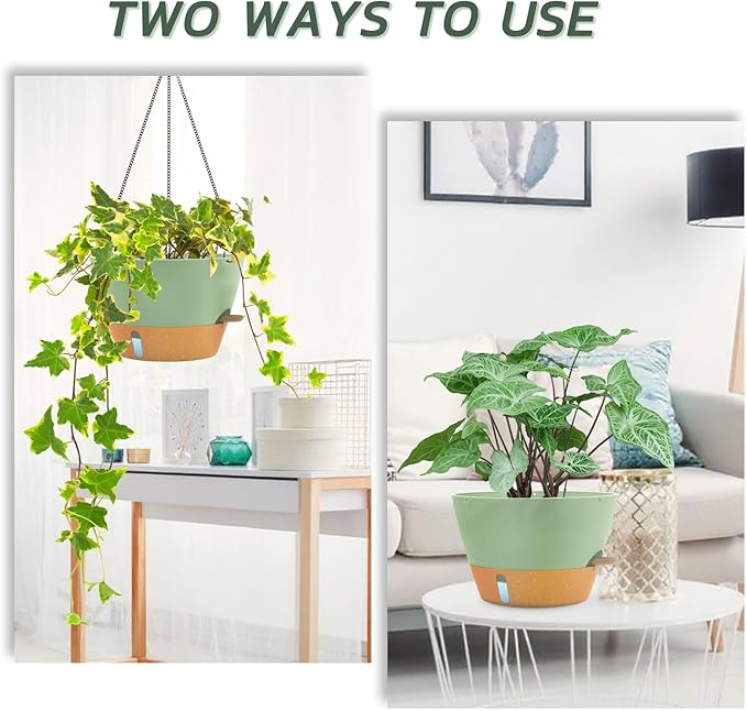 ZMTECH 12 Inch Hanging Planters for Indoor Plants, 2 Pack Self Watering Hanging Planter with Visual Reservoir, Hanging Pots for Plants Outdoor with Drainage Hole and Plant Hanger(Green)