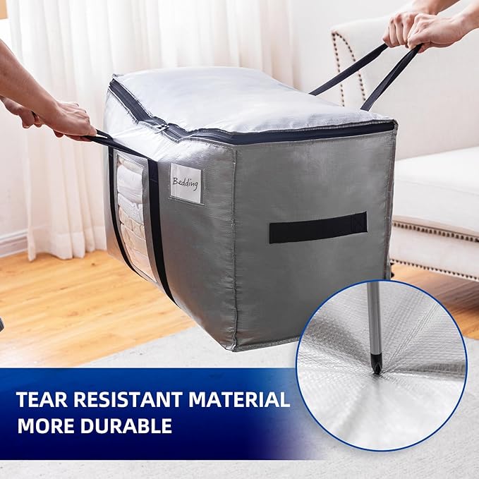 TAILI Extra Large Moving Bags, 4 Pack Silver Heavy Duty Totes For Storage with Visible Window, Wrap Around Handles, Space Saving Storage Bags for Moving Supplies, Alternative to Moving Boxes