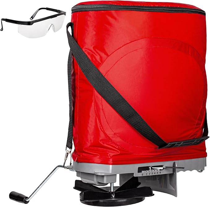Walensee Handheld Seed Spreader with 25lb Bag, Frame Support, Flow Control, Enclosed Gears, Rear Baffle, Adjustable Strap & Goggles – Bag Seeder for Lawn and Garden, Red