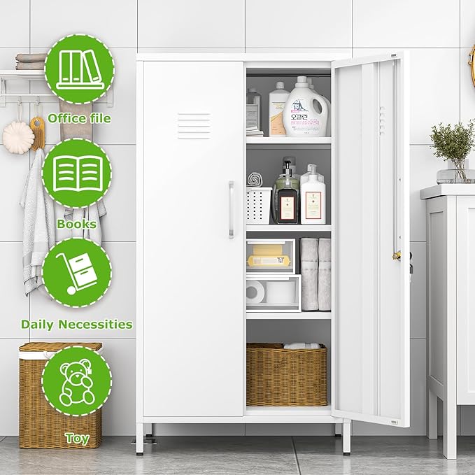 47" Metal Storage Locker, Lockable Employees Metal Locker with 2 Door and Adjustable Shelves, Steel Locker for Home, School, Office, Gym (White)