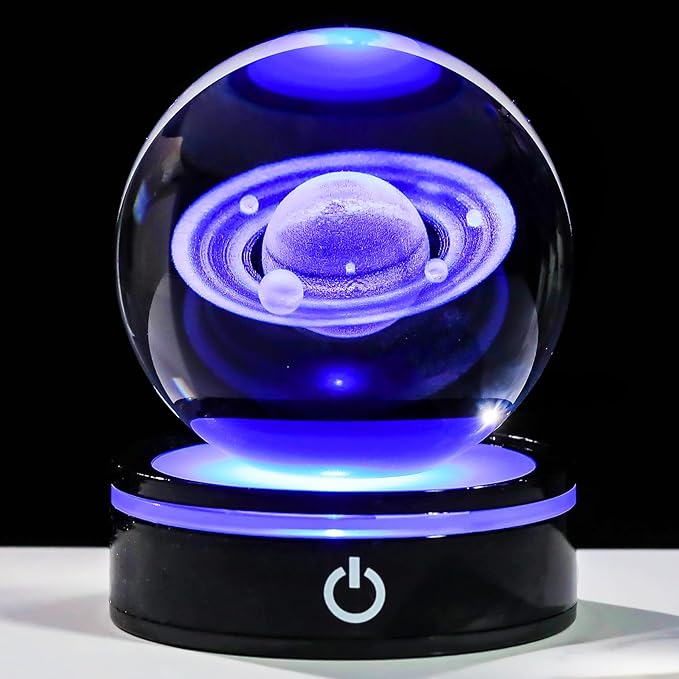YWHL 3D Crystal Ball with LED Light Base, 3D Laser Engraved Glass Sphere Galaxy Crystal Ball for Home Decorations, Planet Saturn Lamp Gifts for Mother's Day Birthday Christmas (80mm)