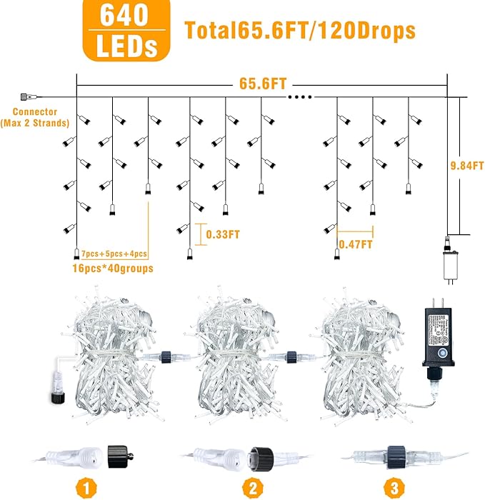 66ft Icicle Lights for Outside, Blue and White Christmas Lights Outdoor Indoor, 640 LED Twinkle String Light with 120 Drops Short Curtain Lights for Thanksgiving Room Home Wall Bedroom Window Decor