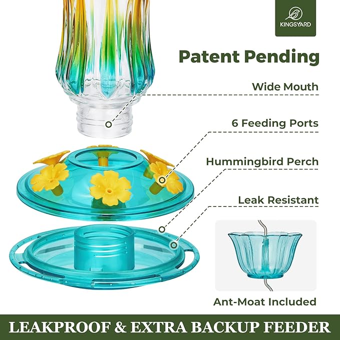 Kingsyard Hummingbird Feeder for Outdoors Hanging, 25 Ounces, Glass Humming Bird Nectar Feeder with Ant Moat & 6 Feeding Ports, Leak Proof, Turquoise