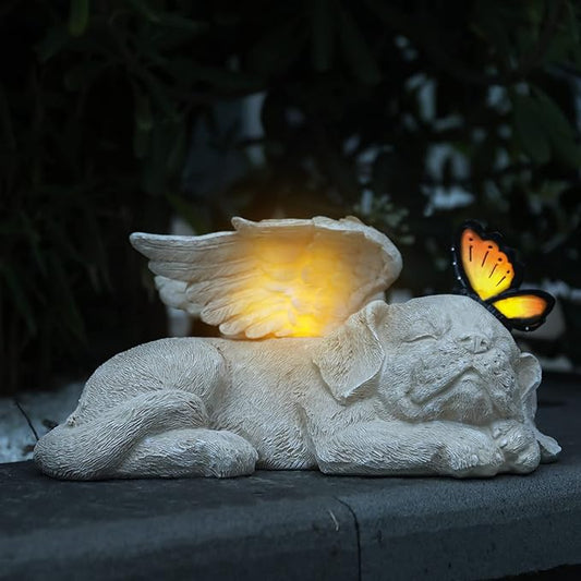 WONDER GARDEN Sleeping Dog Angel Statue with Solar Light - Pet Memorial Stone, in Memory of Dog, Marker Tribute Statues, Resin Guardian Angels, Bereavement Gift