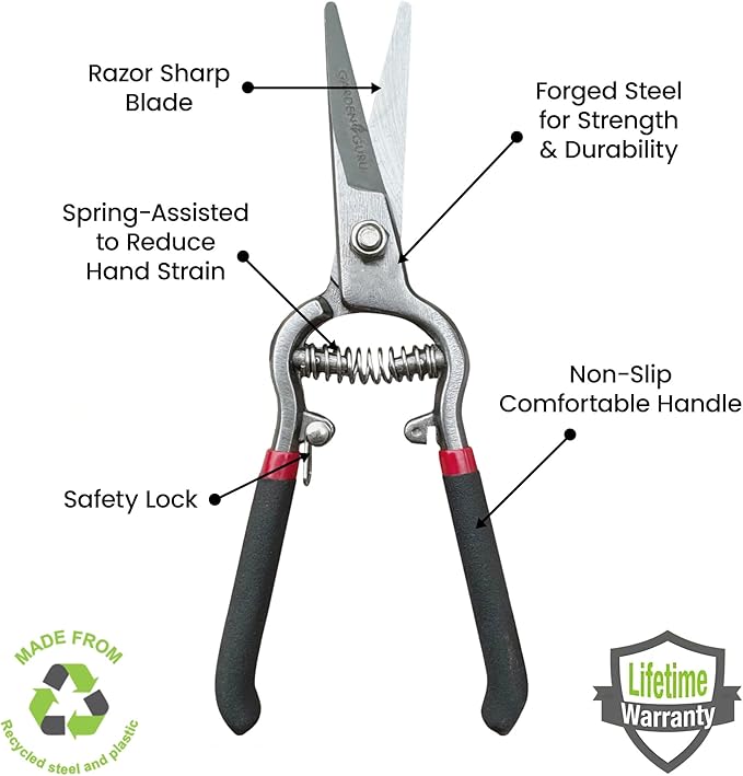 GARDEN GURU Classic Bypass Pruning Shears Clippers – Heavy Duty Forged Steel Garden Pruners – Safety Lock – Non Slip Comfort Grips – Cuts up to 1” Diameter – Professional Bypass Pruners for Gardening