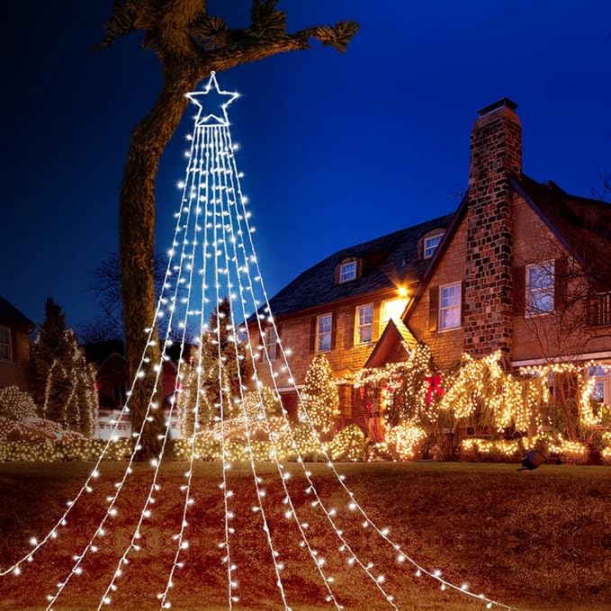 Christmas Decorations Star String Lights, 320 LED Waterfall Tree Lights with 13" Topper Star 8 Lighting Modes Indoor Outdoor Decorative for New Year, Holiday, Wedding, Party