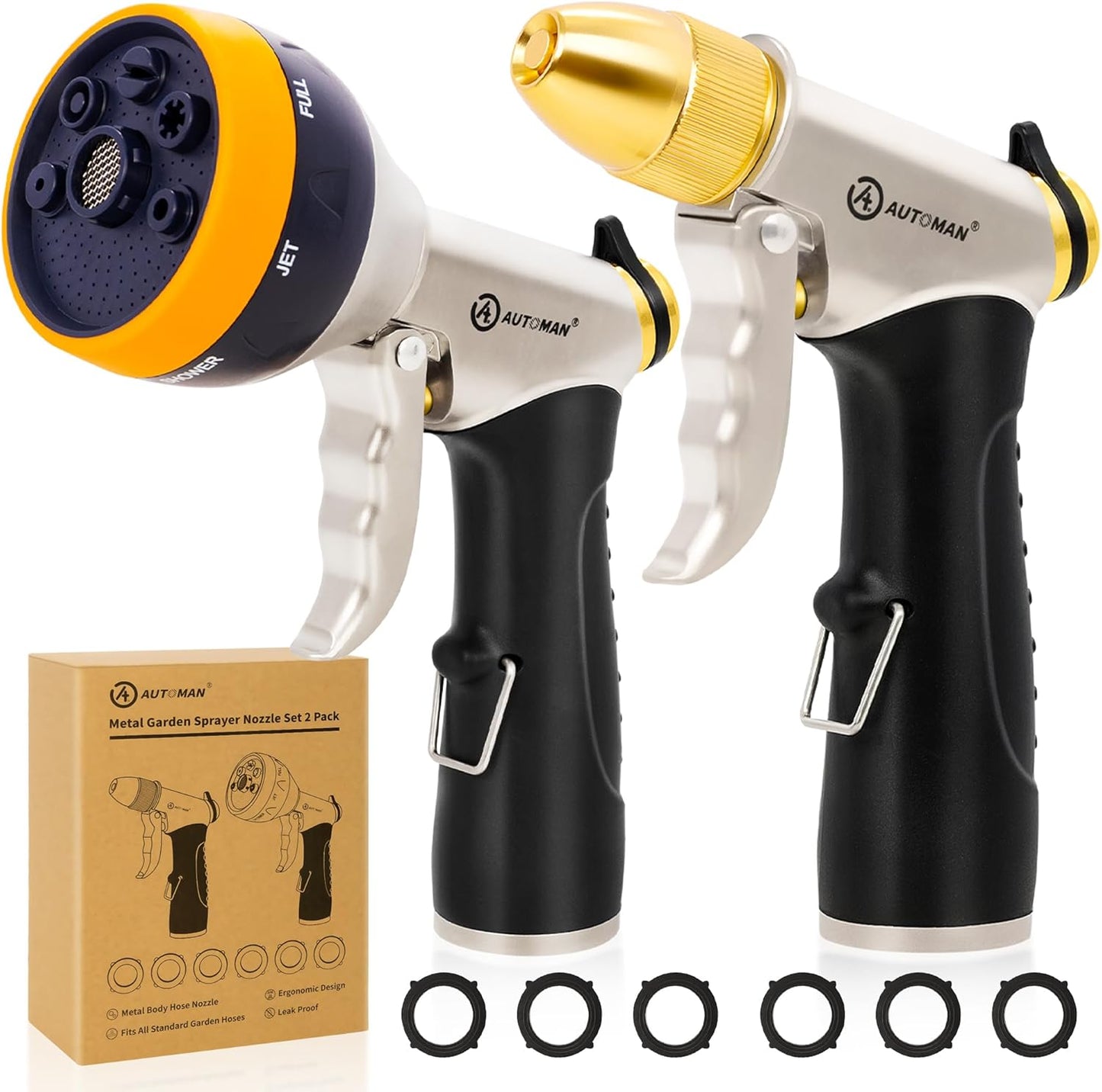 AUTOMAN Garden Hose Nozzles - High Pressure 100% Metal Hose Sprayer 2 Pack, Heavy Duty Garden Watering Nozzle Set, Powerful Garden Nozzle for Watering Plants, Window Cleaning,Washing Cars,Pets Bathing