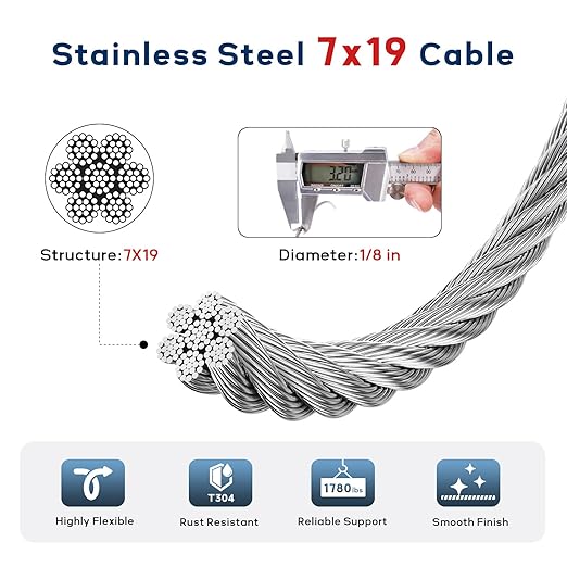 1/8 Inch Stainless Steel Cable 200FT, 7x19 Strand Wire Rope Kit with Thimbles, Clips & Aluminium Sleeves for Plants Climbing, Deck Fence Railing, String Light Haning and DIY Projects