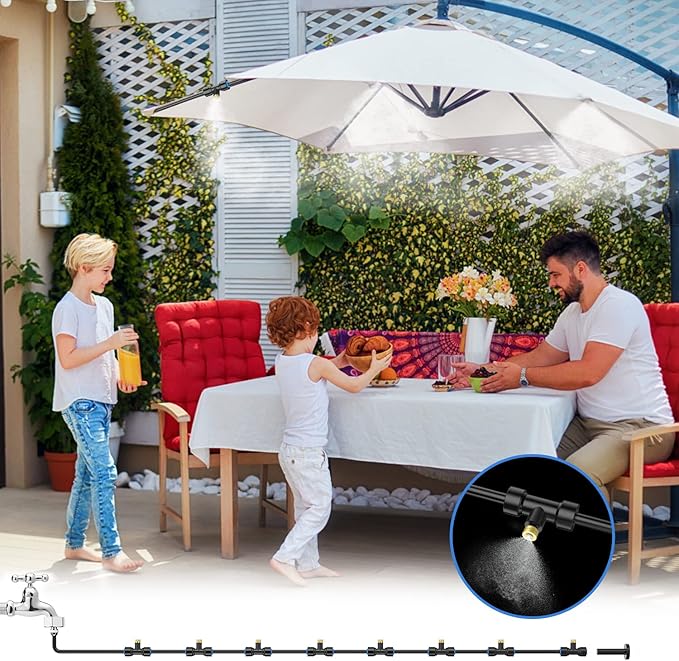 Keten 72FT Misting Cooling System, 59FT(18m)+Extra 13FT(4m) Misting Line, Misters System for Outdoor Patio Garden Greenhouse Pasture with 18 T-Joints+18 Mist Nozzles+3/4” Brass Adapter
