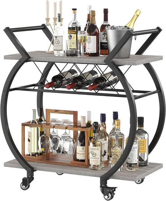 LVB Bar Cart with Wine Rack, 2 Tier Farmhouse Kitchen Cart on Wheels, Modern Wood and Metal Portable Coffee Cart Table for Home, Utility Industrial Mobile Serving Cart with Storage Shelf, Grey Oak