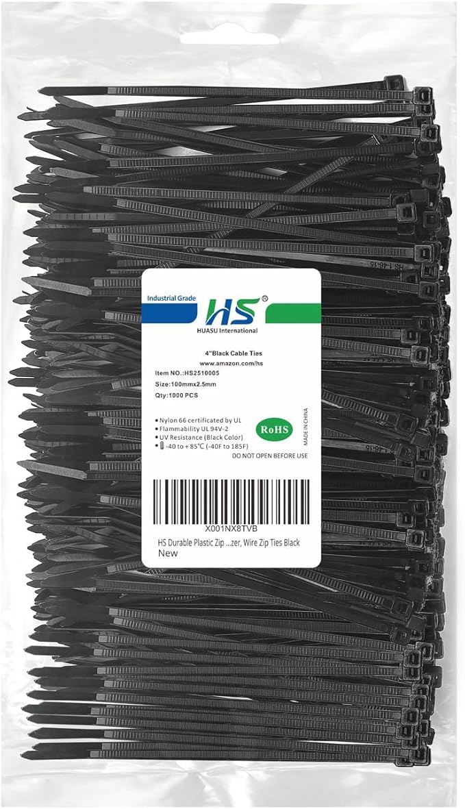 HS Durable Plastic Zip Ties 4 Inch (Bulk-1000 Pack) Small Tie Wraps Thin 18 Lbs Self-Locking Nylon Cable Ties for Electronics Organizer, Wire Zip Ties UV Rated Black