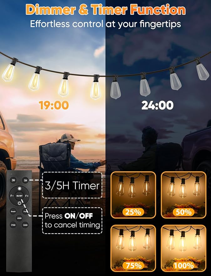 Brightever 3 Color in 1 LED Outdoor String Lights with Remote, 120FT Patio Lights Outdoor Waterproof with 38 Vintage Edison Bulbs, 3 Modes 2 Timer Dimmable String Light for Outside, 2700K/4000K/5000K