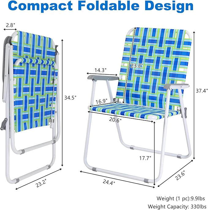 VINGLI Patio Lawn Webbed Folding Chairs Outdoor Beach Portable Camping Chair for Yard, Garden (4, Blue, Oversized)