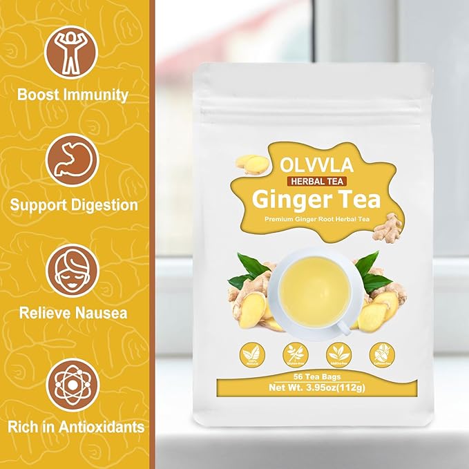 Olvvla - Premium Ginger Tea Bags - 2g X 56 Count - 100% Pure Natural Ginger Root Herbal Tea - Cut & Sifted - Non-GMO - Caffeine-free - Warm & Spicy - Relieve Nausea & Support Digestion