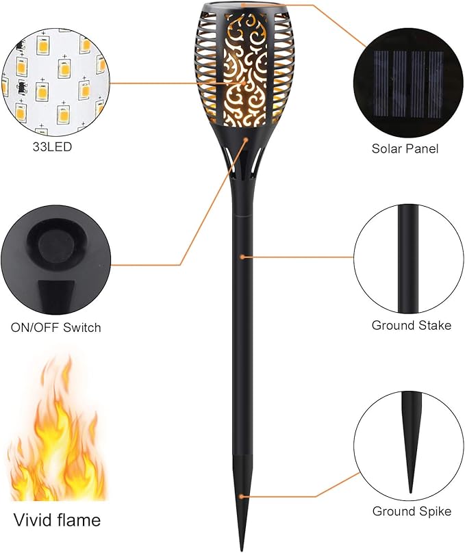 Solar Torch Lights with Flickering Flame, Fire Effect Garden Light, Auto On/Off Dust to Dawn, Outdoor Waterproof Landscape Decoration, Solar Powered Security Torch Light for Patio, 4 Pack