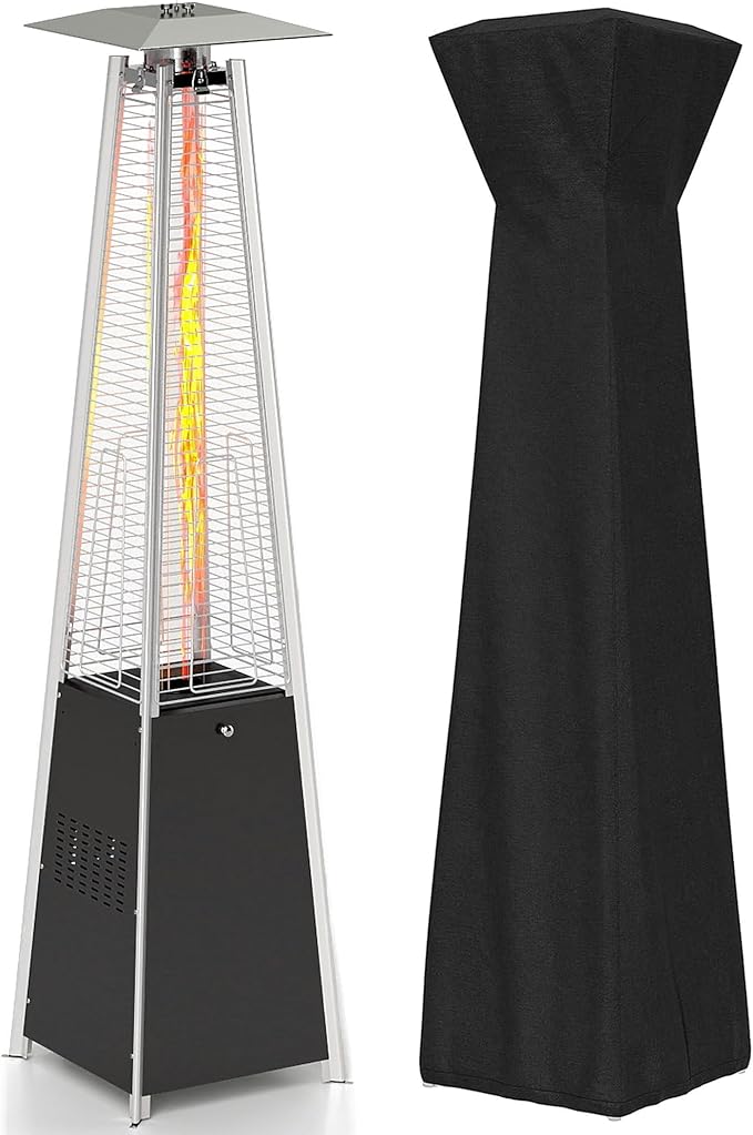 FOOWIN Patio Heater,48,000 BTU Outdoor Patio Heater with Wheels,Propane Patio Heater w/Waterproof Cover & Gloves,Quartz Glass Tube Pyramid Patio Heater for Outdoor Use,Party,Backyard,Garden,Black
