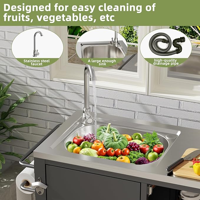 Outdoor Grill Table with Sink, Grill Cart with 304 Stainless Steel Sink and Cabinet, Outdoor Grill Cart,Outdoor Cart Sink Station with Wheels, 38in x 18in x 35in