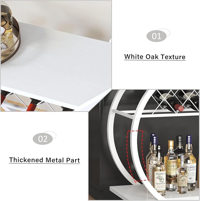 LVB White Bar Cart, Modern Rolling Serving Wine Cart with Storage, Industrial Wood Metal Kitchen Island Beverage Cart with Wheels, Microwave Drink Liquor Cart Table for Home Dining Living, White Oak