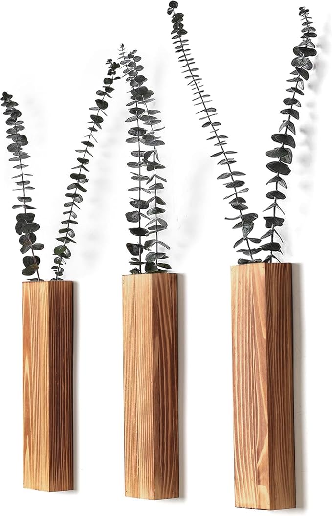 Wooden Wall Planter Set of 3 - Modern Home Decor for Living Room, Bedroom, Bathroom - Brown Finish Planter for Dried Flowers, Faux Greenery, Indoor Plants