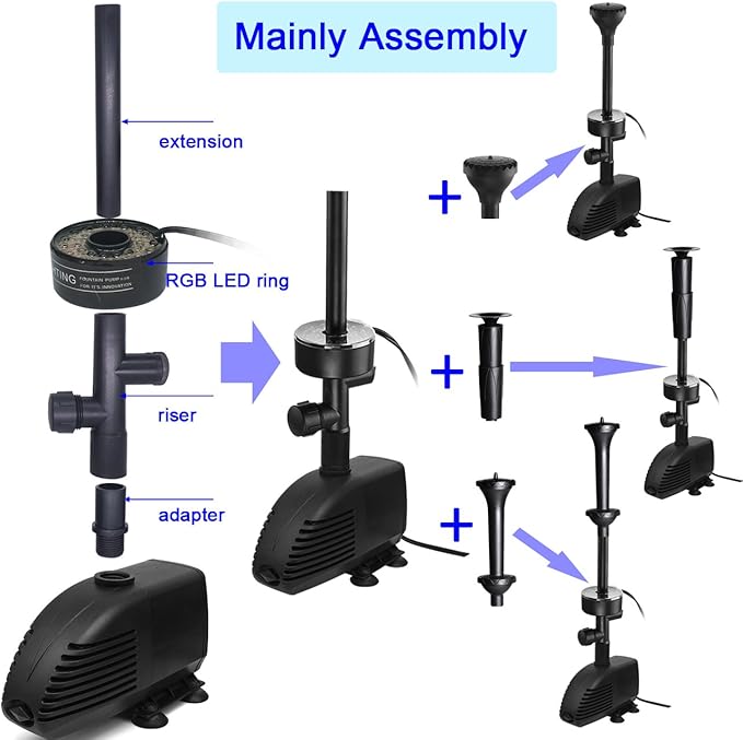 660GPH Submersible Pump Pond Fountain with Inside Filter and RGB Colorful LED Light, Multiple Water Fountain Spray Nozzles Kit for Garden PondIndoor and Outdoor Landscape