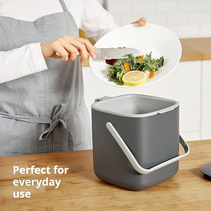 Blue Ginkgo Kitchen Compost Bin [2.6L / 0.69 GAL] – Filter-Free, Odor-Tight Countertop Food Waste Pail with Handles (Made in Korea, Gray)