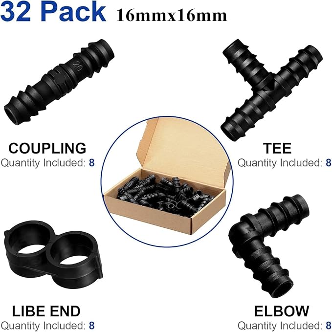 Maitys Irrigation Fittings Kit for Tubing 32 Piece Set, 8 Tees, 8 Couplings, 8 Elbows and 8 End Cap Plugs Barbed Connectors for Drip Sprinkler Systems, Garden, Patio, Lawn or Flower Bed (1/2 Inch)