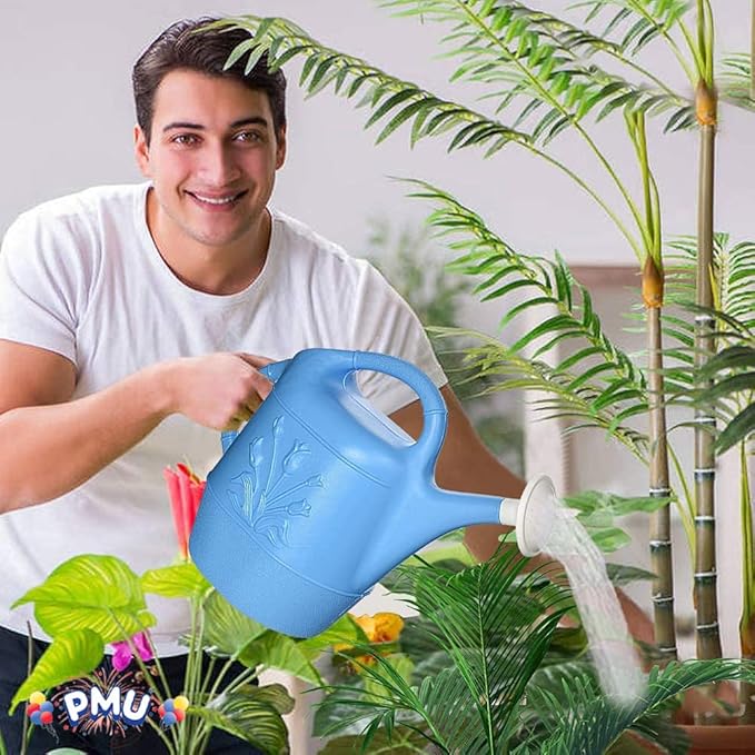 PMU 2 Gallon Watering Can - Garden Watering Can for Indoor & Outdoor Plants - Plastic Water Can with Detachable Sprinkler Head - Large Water Pot, Made in USA - Blue Pkg/6