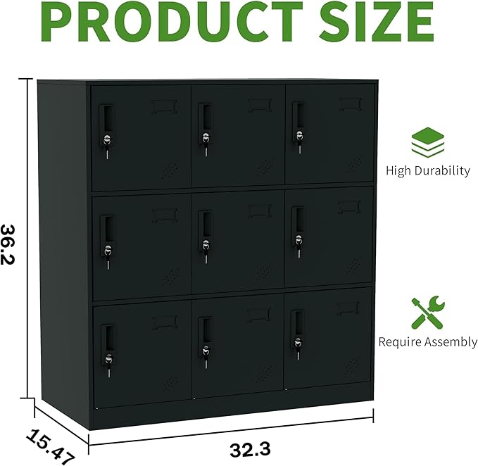 9 Doors Metal Lockers for Employees, Steel Storage Locker with Lock and Card Slot,Lockable Office Metal Storage for School Office Gym Bedroom,Garage (Black)