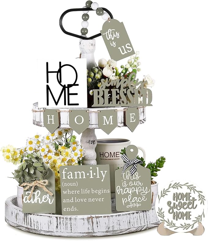 11PCS Farmhouse Tiered Tray Decor Set – Rustic Wooden Mini Signs and Decorations for Home and Kitchen Display (Tiered Tray Not Included)