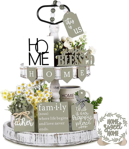 11PCS Farmhouse Tiered Tray Decor Set – Rustic Wooden Mini Signs and Decorations for Home and Kitchen Display (Tiered Tray Not Included)
