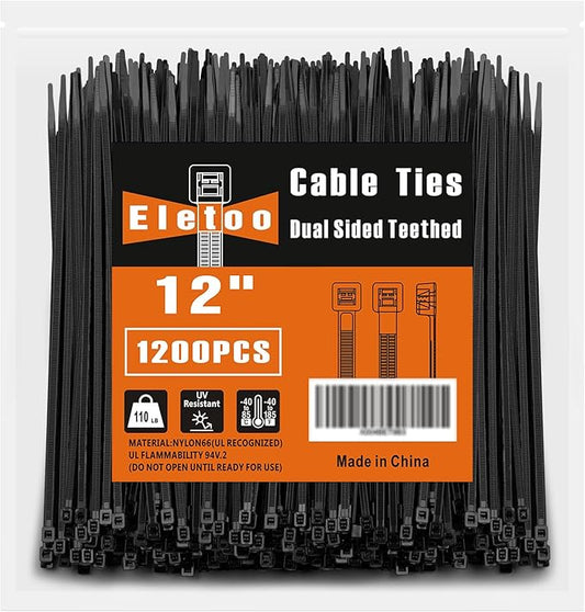 12 Inch Black Zip Ties (1200 Pack), 2025 New Patented Design,110 LBS Tensile Strength, Self-Locking Nylon PA66 UV Resistant Cable Ties for Indoor and Outdoor Use