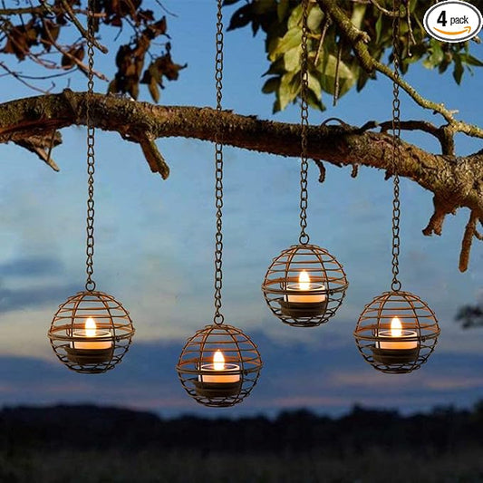 Solar Hanging Lanterns Outdoor Waterproof, Rust Iron Ball Candle Holder with Flickering Solar Powered Tea Lights, Perfect Chargeable Solar Lights for Backyard Patio Garden Fence Tree Decoration-4Pack