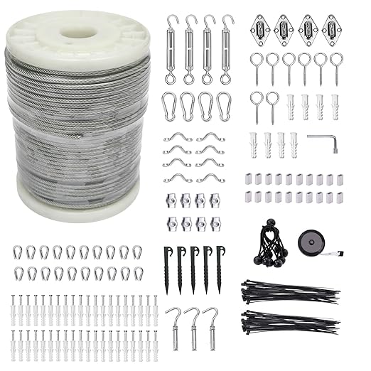 3/38" Wire Cable Rope Kit ，Vinyl Coated 304 Stainless Steel Wire – 200FT 7x7 Strand Cable with Turnbuckles，Shade Sail & Hanging Lights Hardware Kit for Outdoor, Garden,Patio, Crafts, Hanging Lights