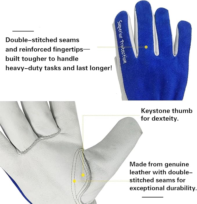12 Pairs Bulk Leather Work Gloves for Men or Women for Construction, Wood cutting, Driving, Gardening, Automotive Repair, Water Resistant, Soft, Cowhide, Class 4 Abrasion Resistant, Blue-White, L