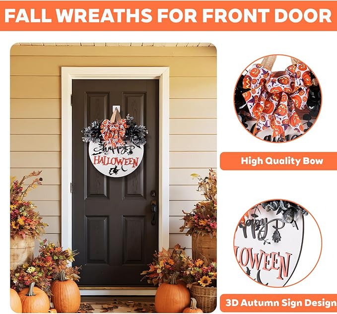 Halloween Door Hanger Sign Wooden Welcome Decor with Bat - Fall Wreaths for Front Door Hanging Decorations for Happy Halloween Party Indoor Outdoor Wall Decor Supply