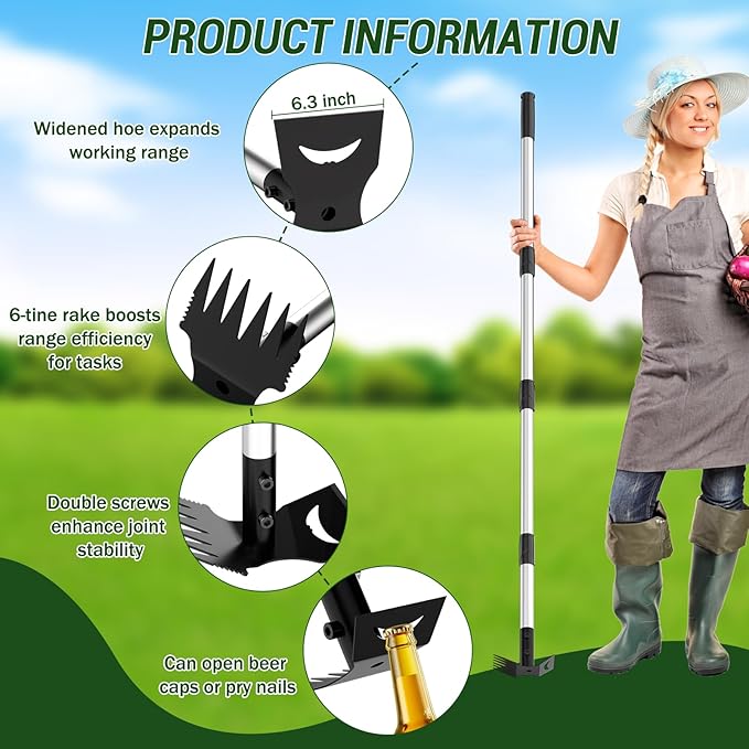 Long Handle Weed Puller Tool – 2-in-1 Handle Garden Hoe and Weed Rake, Hoe Garden Tool for Home Gardens, Lawns, and Yards