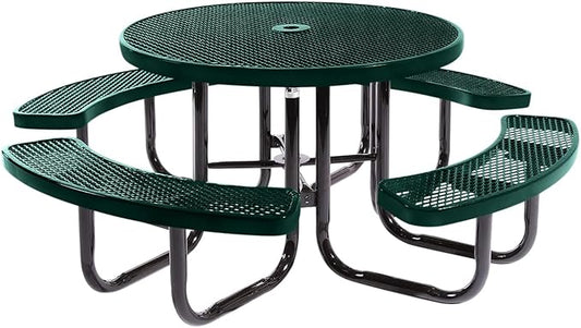 Heavy-Duty Portable Outdoor Picnic Table with Umbrella Hole, Expanded Metal Commercial-Grade Patio Dining Furniture Made in America (46" Round Top, Textured Dark Green)