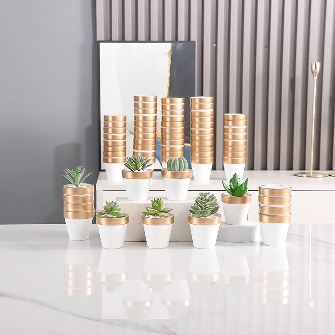 Yishang 72 pcs Small Mini White&Gold Clay Pots, 2.5'' Terracotta Pot Clay Ceramic Pottery Planter,Cactus Flower Terra Cotta Pots,Succulents Nursery Pots,with Drainage Hole,for Crafts,Wedding Favor