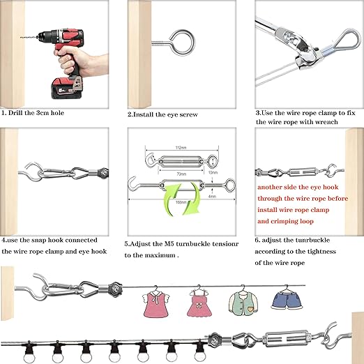 1/8" Wire Rope,Turnbuckles for Cables Wire, 304 Stainless Steel Cable,M5 Turnbuckle Kit,Wire Cable Turnbuckle Tensioner…
