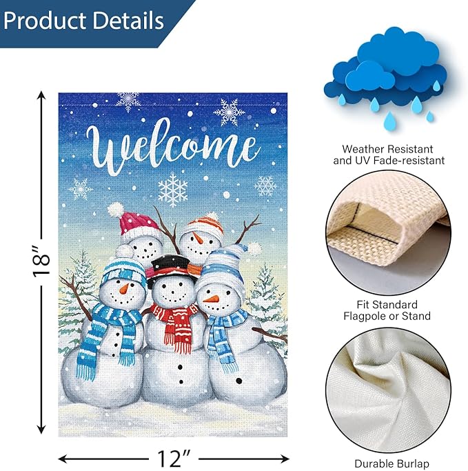 Welcome Winter Garden Flag Double Sided Sonwman 12x18 Inch Small Burlap Welcome Holiday Yard Outdoor Outside House Decoration